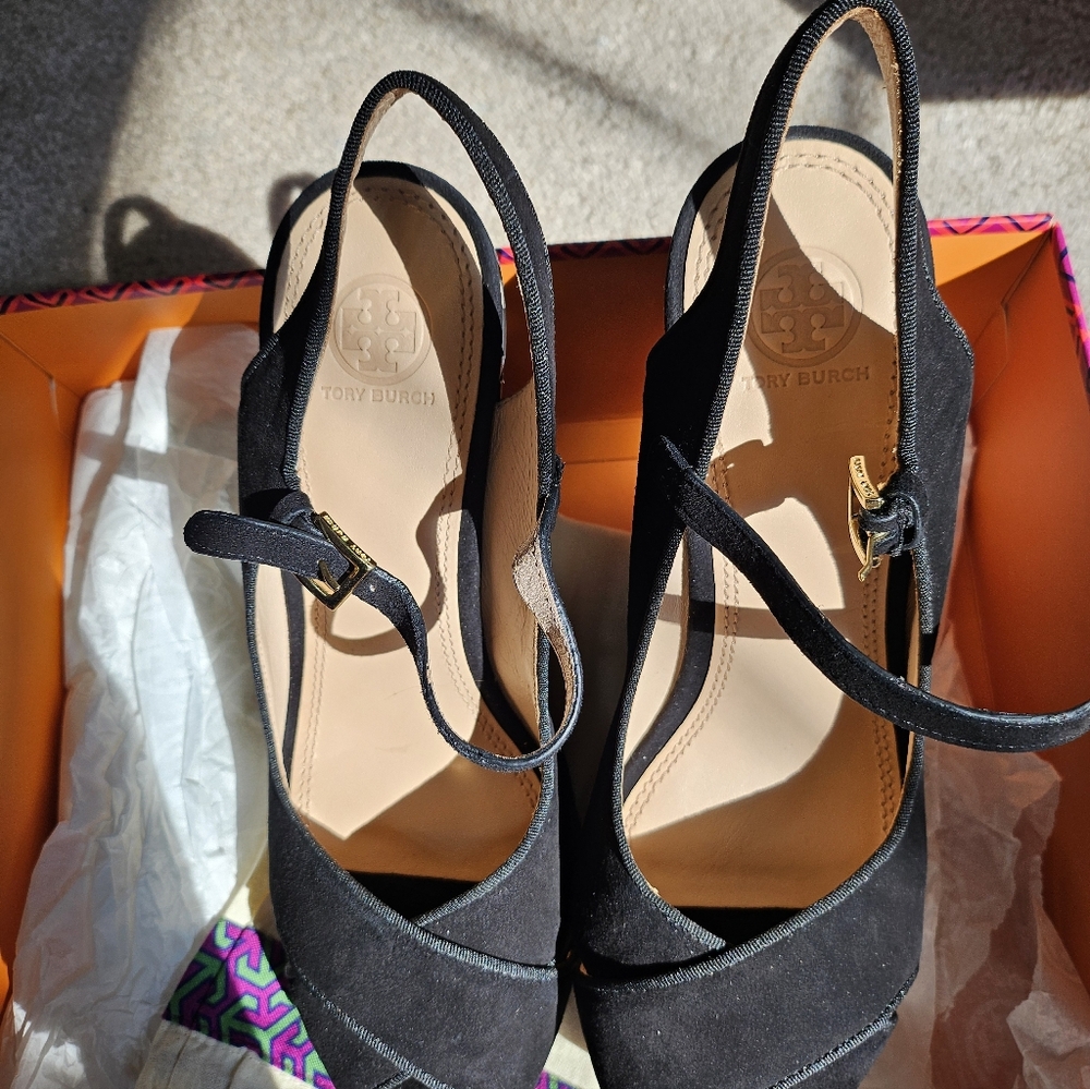 Tory Burch Black Heels with Gold Buckle